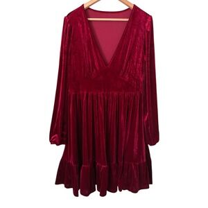 Burgundy Red Velvet V-Neck Long Sleeve Ruffle Mini Dress Plus Size 1X Holiday